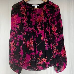 Diane von Furstenberg Silk Floral Blouse – Sheer Sleeves – Size S